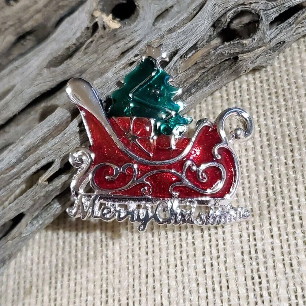Christmas Santa Sleigh Tree Red Green Silver Enamel Sweater Pin Brooch